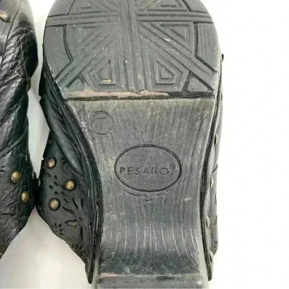 Pesaro womens clogs size 7 black leather studded floral slip on chunky mules - Picture 8 of 13